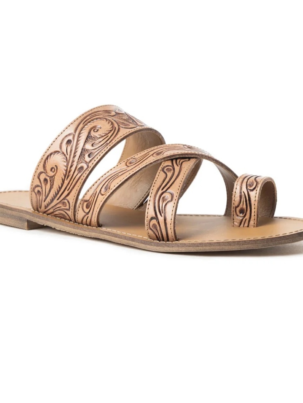 Tan Genuine Tooled Leather Slide Sandals
